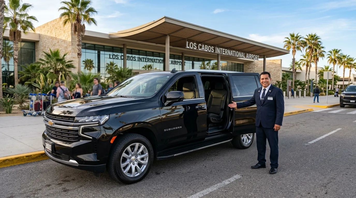 Luxury black SUV parked outside SJD airport for private transportation