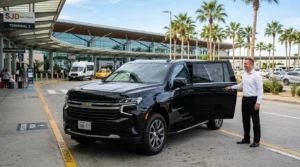 A professional driver in uniform holding a passenger name sign, standing next to a luxury SUV at SJD Los Cabos airport for a private transfer.