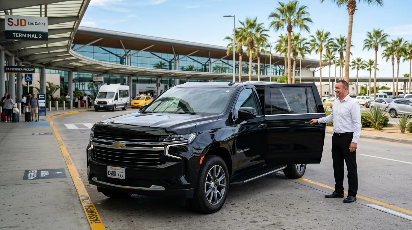 A professional driver in uniform holding a passenger name sign, standing next to a luxury SUV at SJD Los Cabos airport for a private transfer.