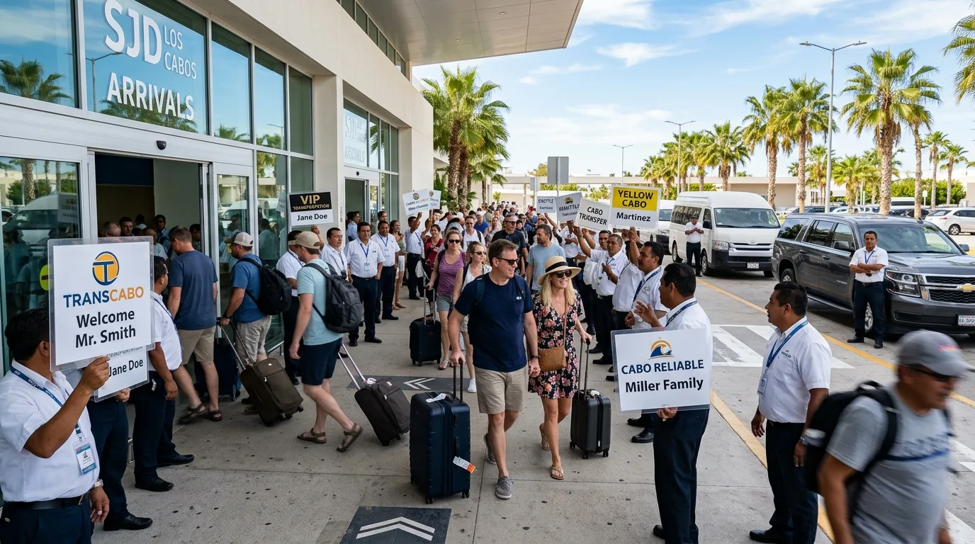 Navigating SJD Airport Arrivals for Shuttle Pickup Travelers navigating the busy SJD airport arrivals exit, looking for their pre-booked shuttle or transfer service among many representatives holding signs.