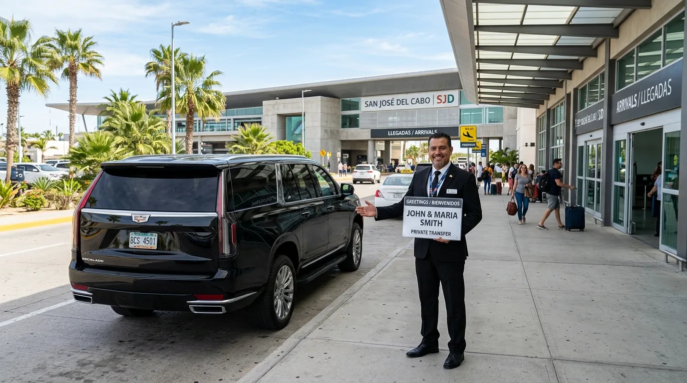 Professional driver with a name sign greeting travelers at SJD Airport for private transfer to Cabo San Lucas.