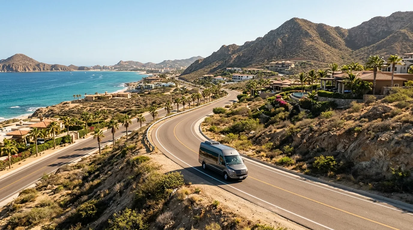 Family with children in car seats enjoying a comfortable private van transfer to Cabo San Lucas.