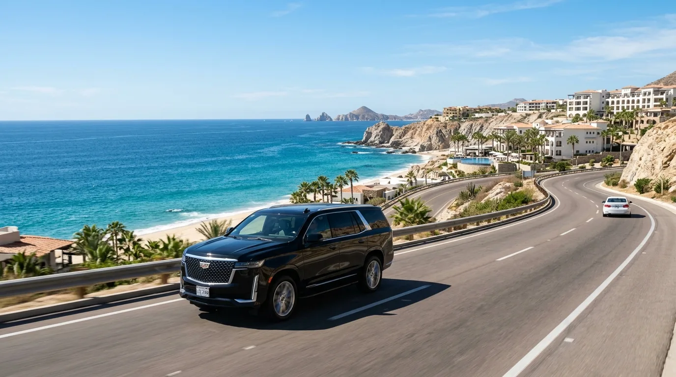 Luxury black SUV driving on the scenic Los Cabos Tourist Corridor highway