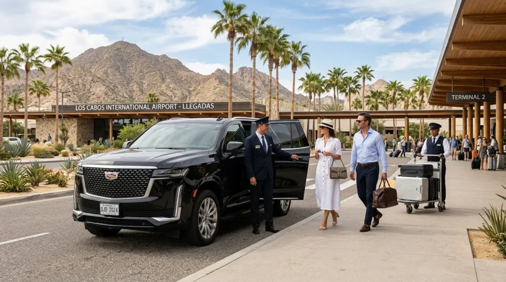 Luxury black SUV with a professional driver at SJD Airport in Los Cabos, assisting arriving passengers.
