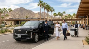 Luxury black SUV with a professional driver at SJD Airport in Los Cabos, assisting arriving passengers.