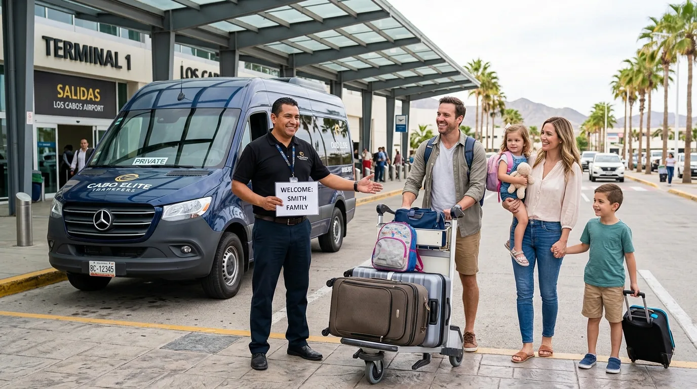 Seamless Family Airport Transfer from SJD to Los Cabos Friendly driver greeting a family with children and luggage at SJD Airport for a private transfer to Cabo San Lucas.