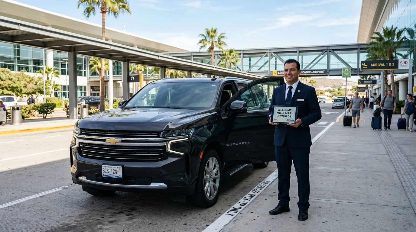 Luxury SUV airport transfer awaiting passengers at SJD Los Cabos Airport