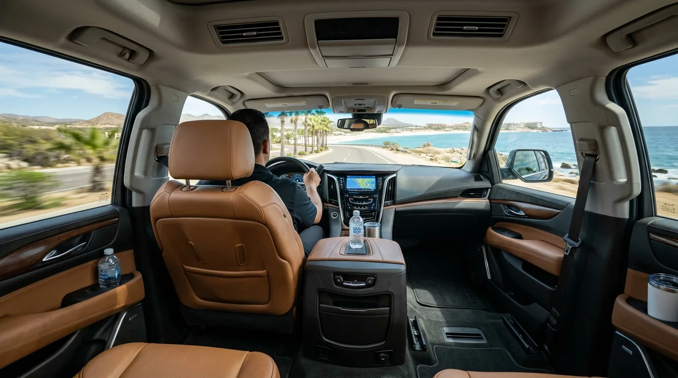 Comfortable interior of a private transfer vehicle on a scenic Los Cabos road