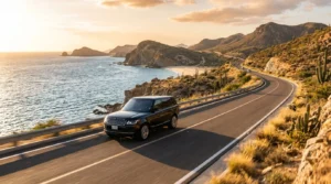Luxury black SUV driving on a scenic coastal highway in Los Cabos, representing the best private transfer experience.