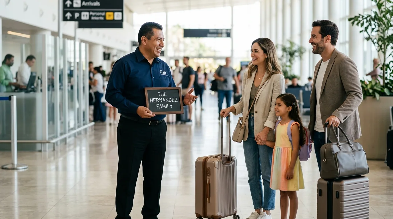 Personalized Meet and Greet at SJD Airport Professional driver greeting travelers with a personalized sign at Los Cabos airport arrival.