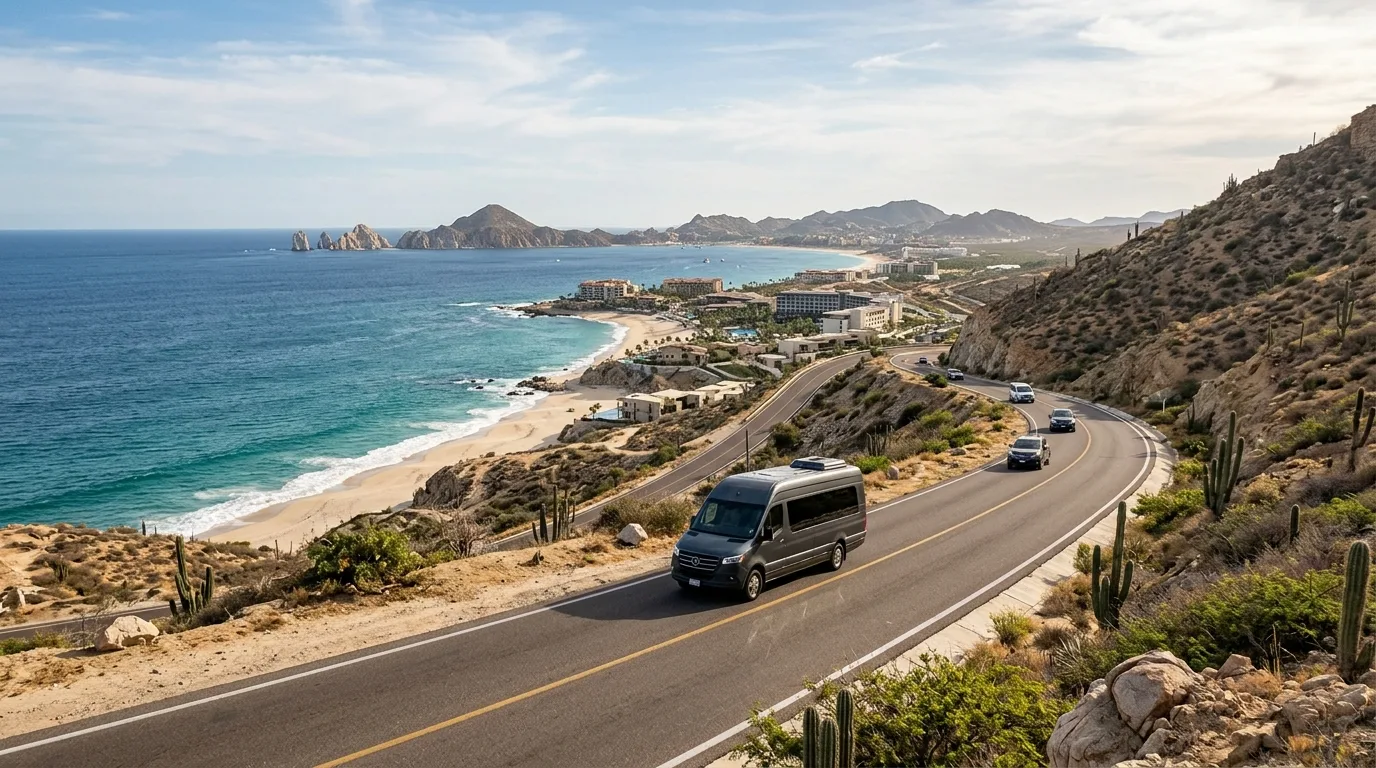 Spacious interior of a luxury private van for group travel in Los Cabos