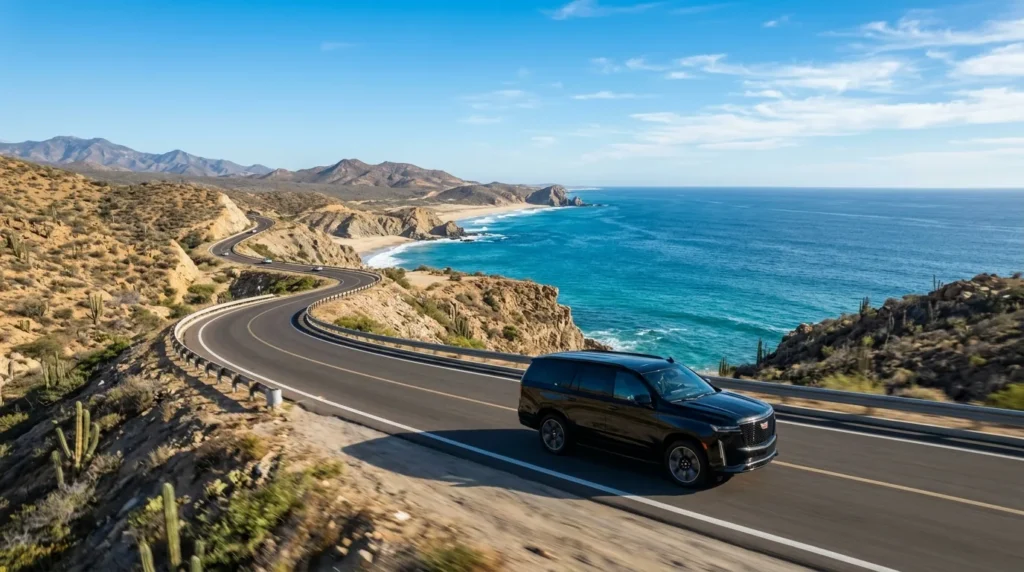 Luxury black private shuttle SUV driving along the scenic coastal highway in Los Cabos, with ocean views and desert landscape.