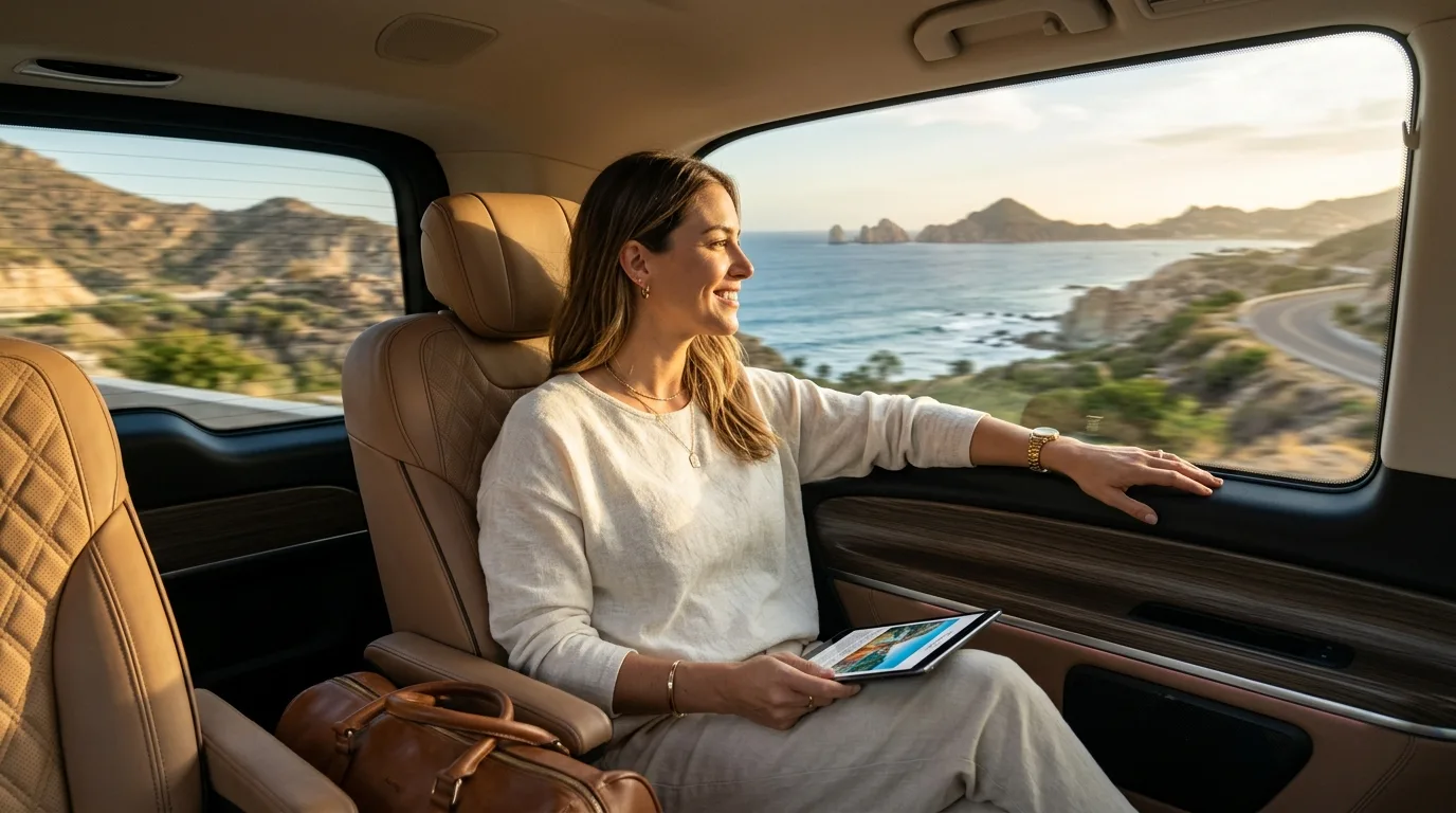 Traveler enjoying a comfortable and private ride in a luxury private car service to Cabo San Lucas.