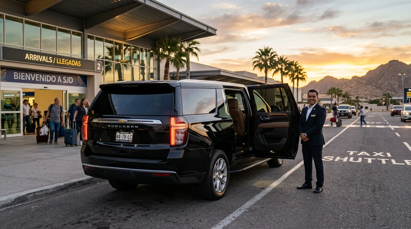 Luxury private SUV shuttle waiting at Los Cabos International Airport (SJD) arrivals area at sunset, ready to transport travelers to their resort.