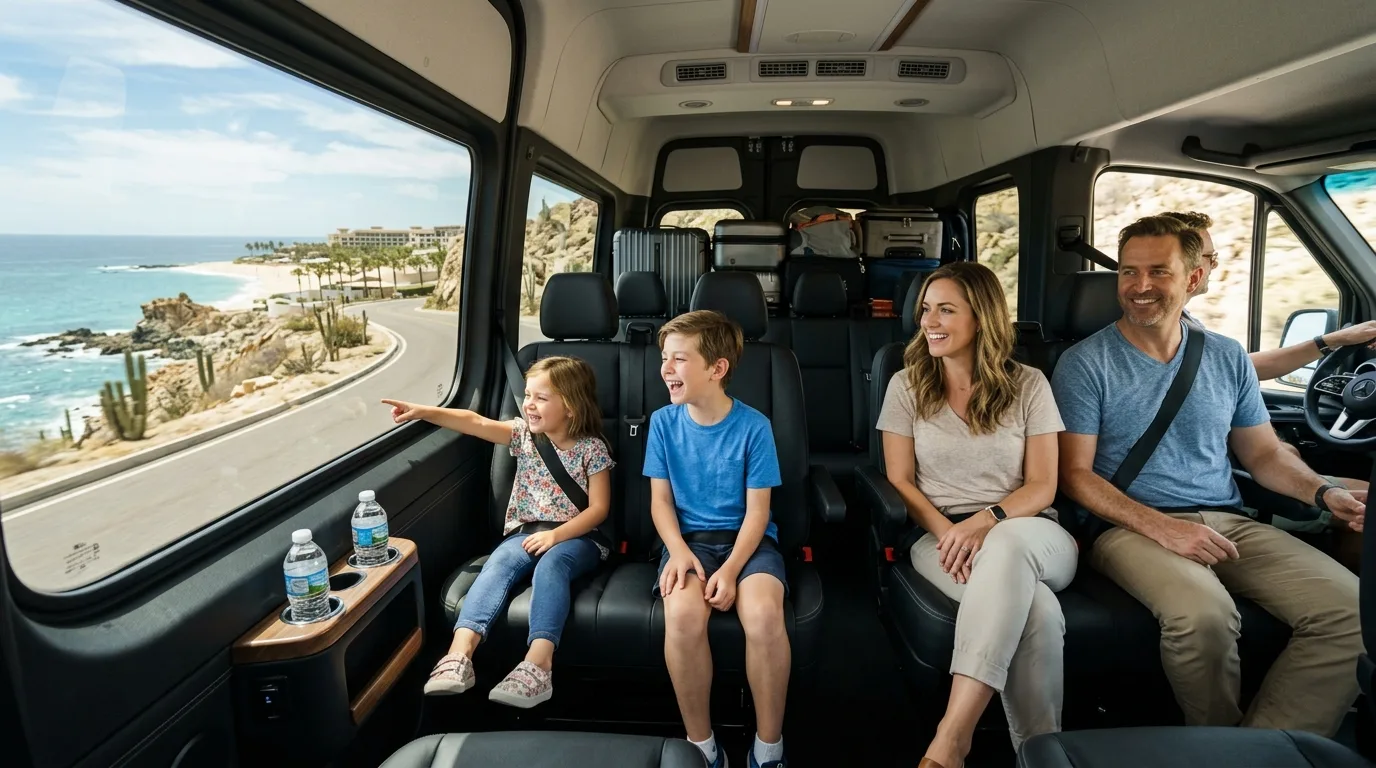 Family with children comfortably enjoying a private shuttle ride along the scenic Los Cabos coast, heading to their vacation resort from SJD Airport.
