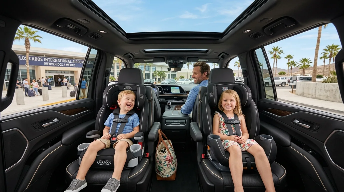 Family enjoying a comfortable SJD Airport transfer in a luxury SUV with child seats.