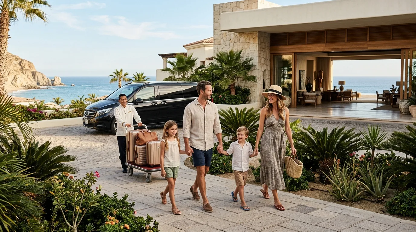 Professional driver assisting a family with luggage into a private van for their Los Cabos airport transfer.