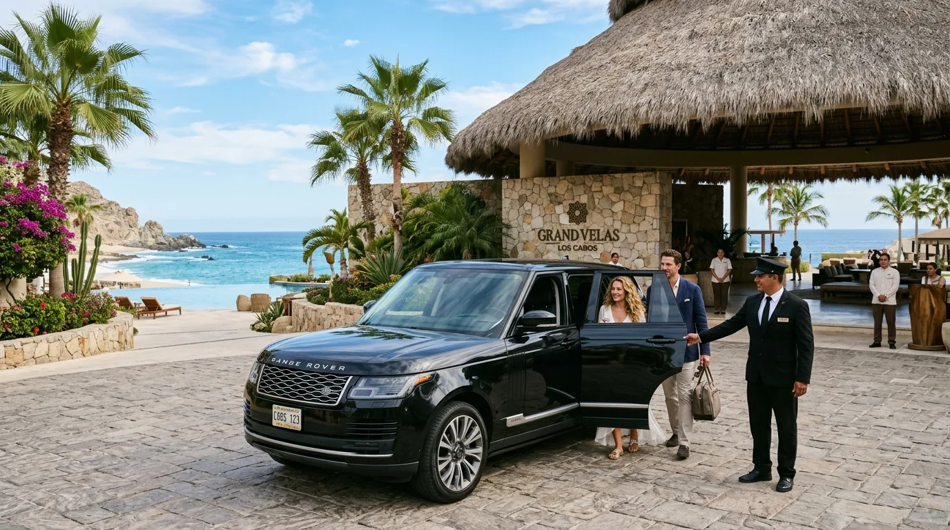 Luxury private SUV arriving at a grand resort in Cabo San Lucas