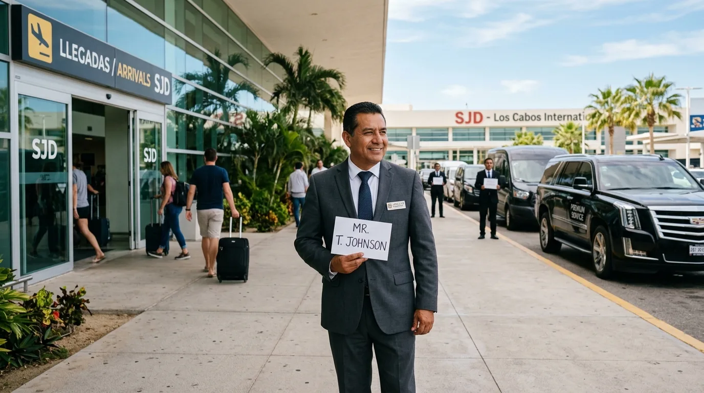 Finding Your Pre-Booked Private Airport Transfer at SJD Professional driver holding a passenger name sign outside SJD Airport for a private transfer