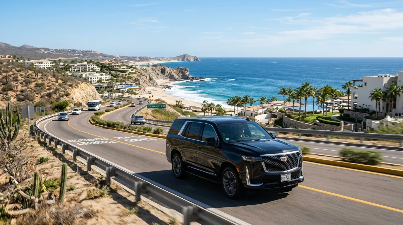 Luxury SUV driving on the scenic Tourist Corridor highway in Los Cabos