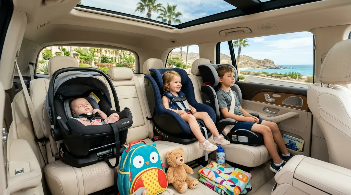 Modern private SUV interior with child safety seats installed for family transportation in Cabo San Lucas