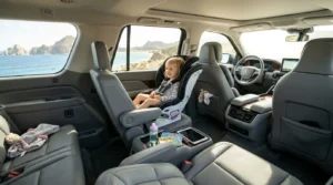 A spacious, comfortable private transfer SUV interior with a securely installed child car seat, ready for family travel in Los Cabos.