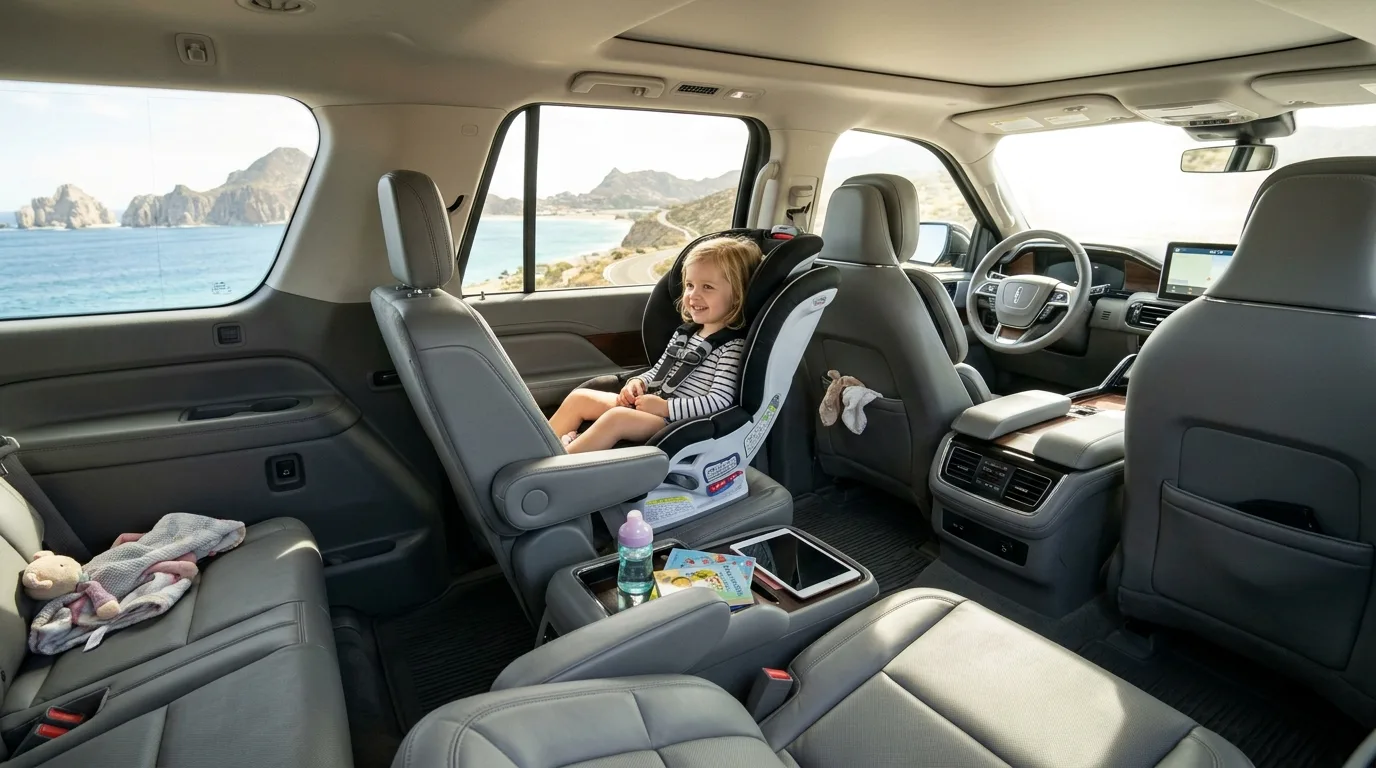 A spacious, comfortable private transfer SUV interior with a securely installed child car seat, ready for family travel in Los Cabos.