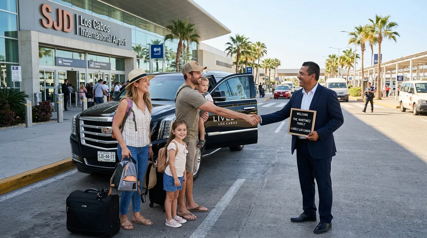 A friendly private driver greeting a smiling family with young children outside the SJD Los Cabos International Airport terminal.