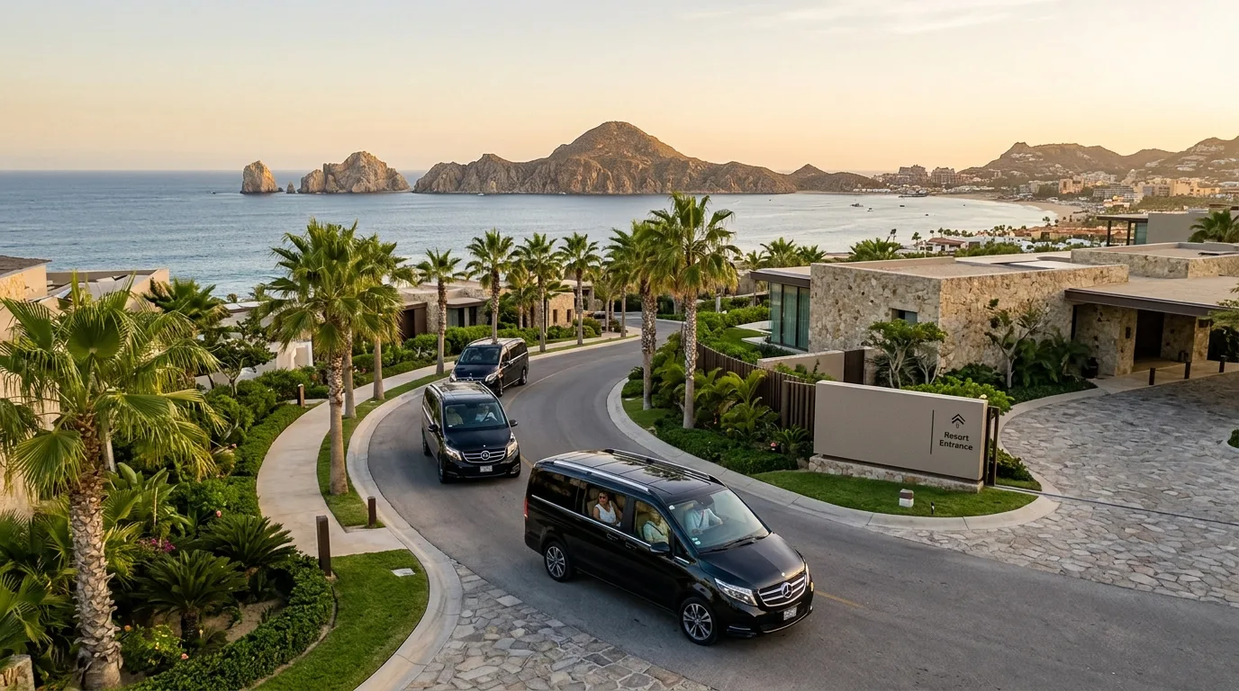 Comfortable Group Travel with Luxury Van Transfers Los Cabos Spacious interior of a luxury Mercedes Sprinter van for group transportation in Los Cabos
