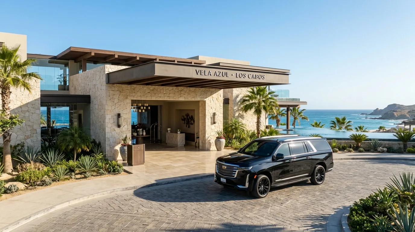 Luxury SUV arriving at a beautiful Los Cabos resort entrance, showcasing seamless airport transportation.