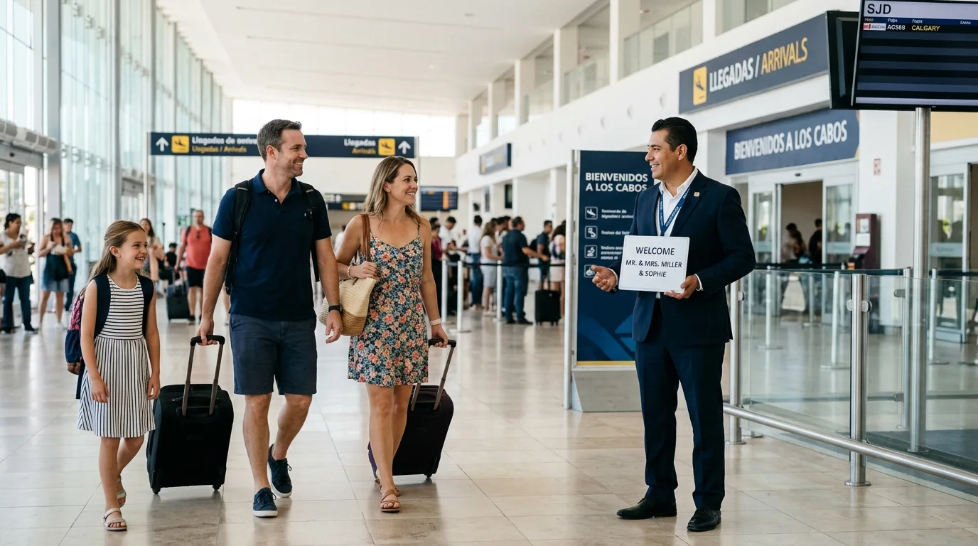 Professional private transfer driver holding a name sign, greeting passengers inside SJD Los Cabos International Airport.