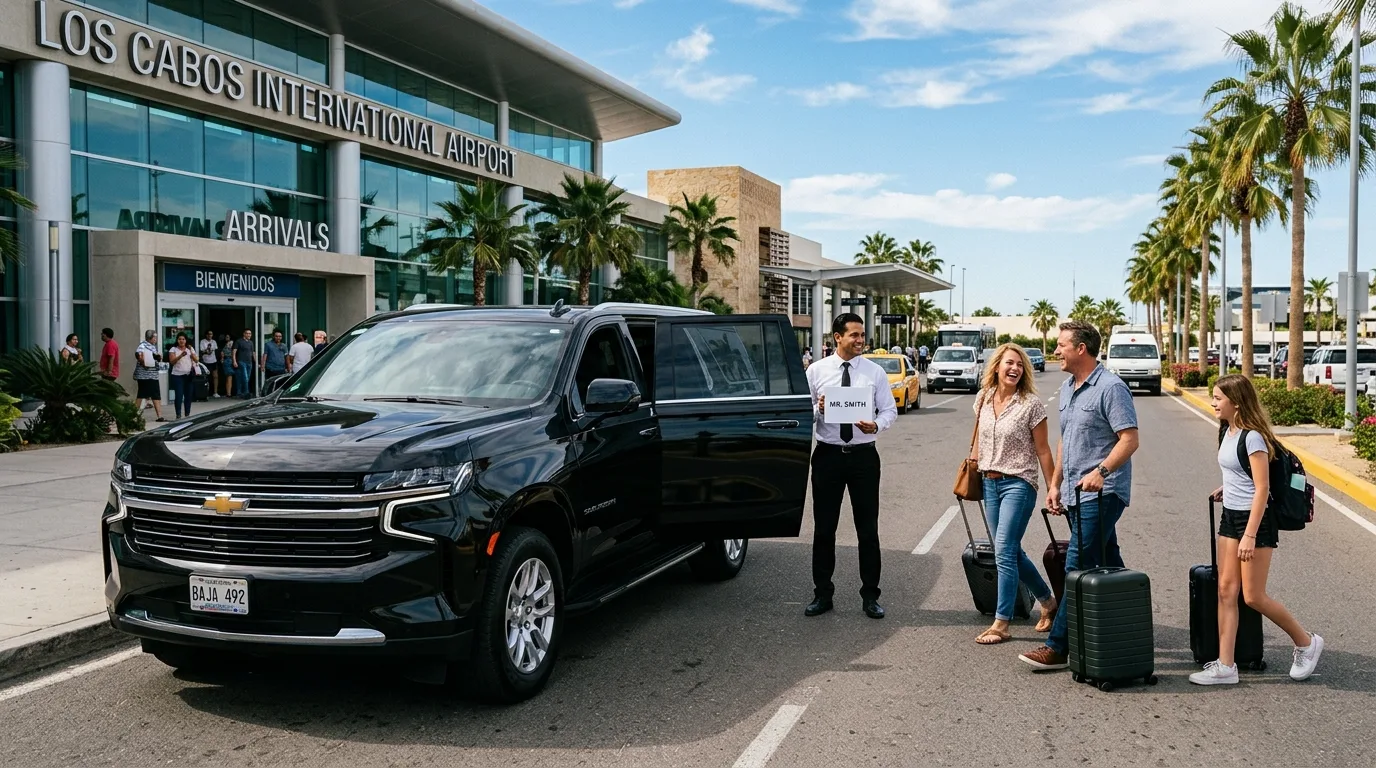 Professional driver greeting arriving passengers with a name sign at SJD airport for a private transfer.
