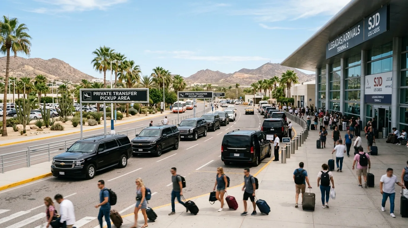 Exterior view of SJD Airport Terminal 2, showing ground transportation and arriving passengers.