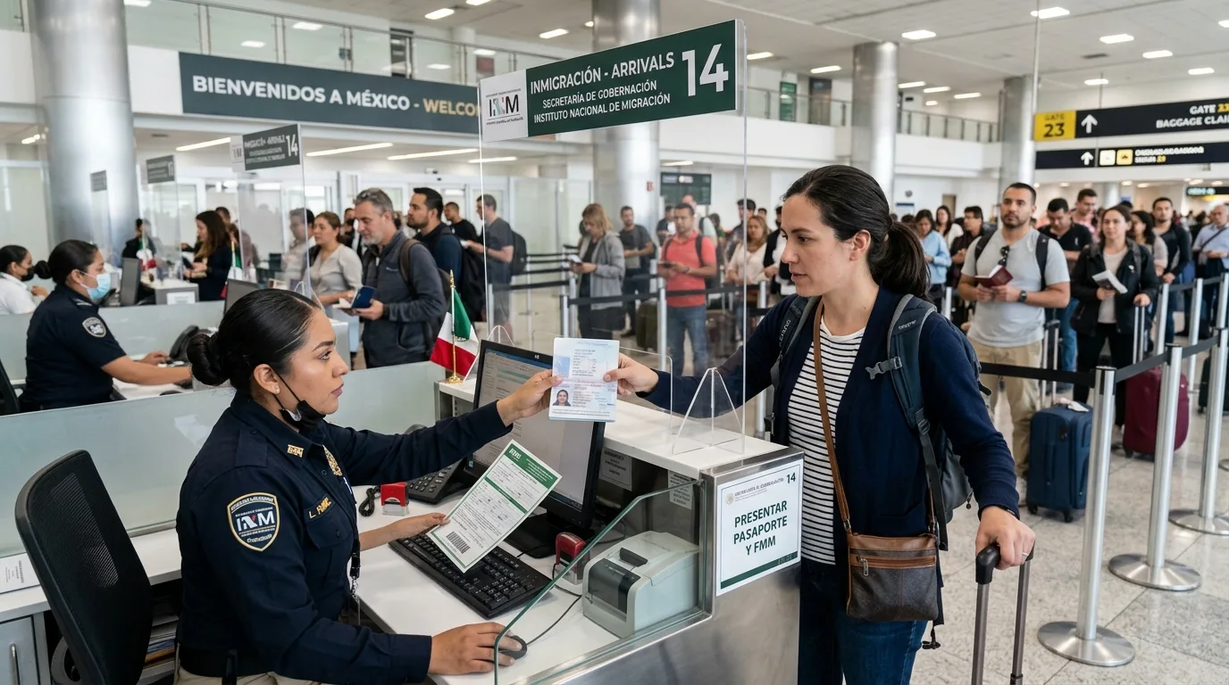 Traveler at SJD airport immigration counter, presenting passport and FMM card to an officer.