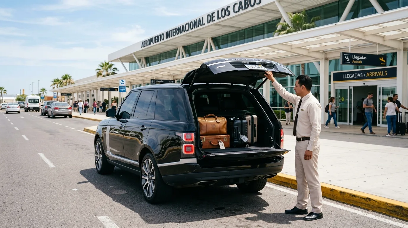 Luxury private SUV picking up travelers for an SJD Airport departure in Los Cabos