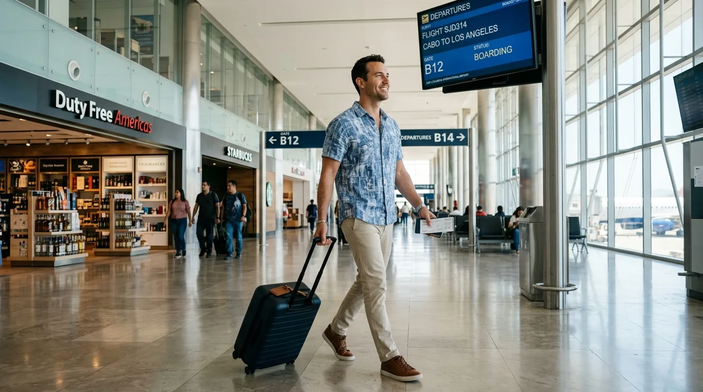 Traveler confidently navigating the SJD airport departure terminal after clearing security