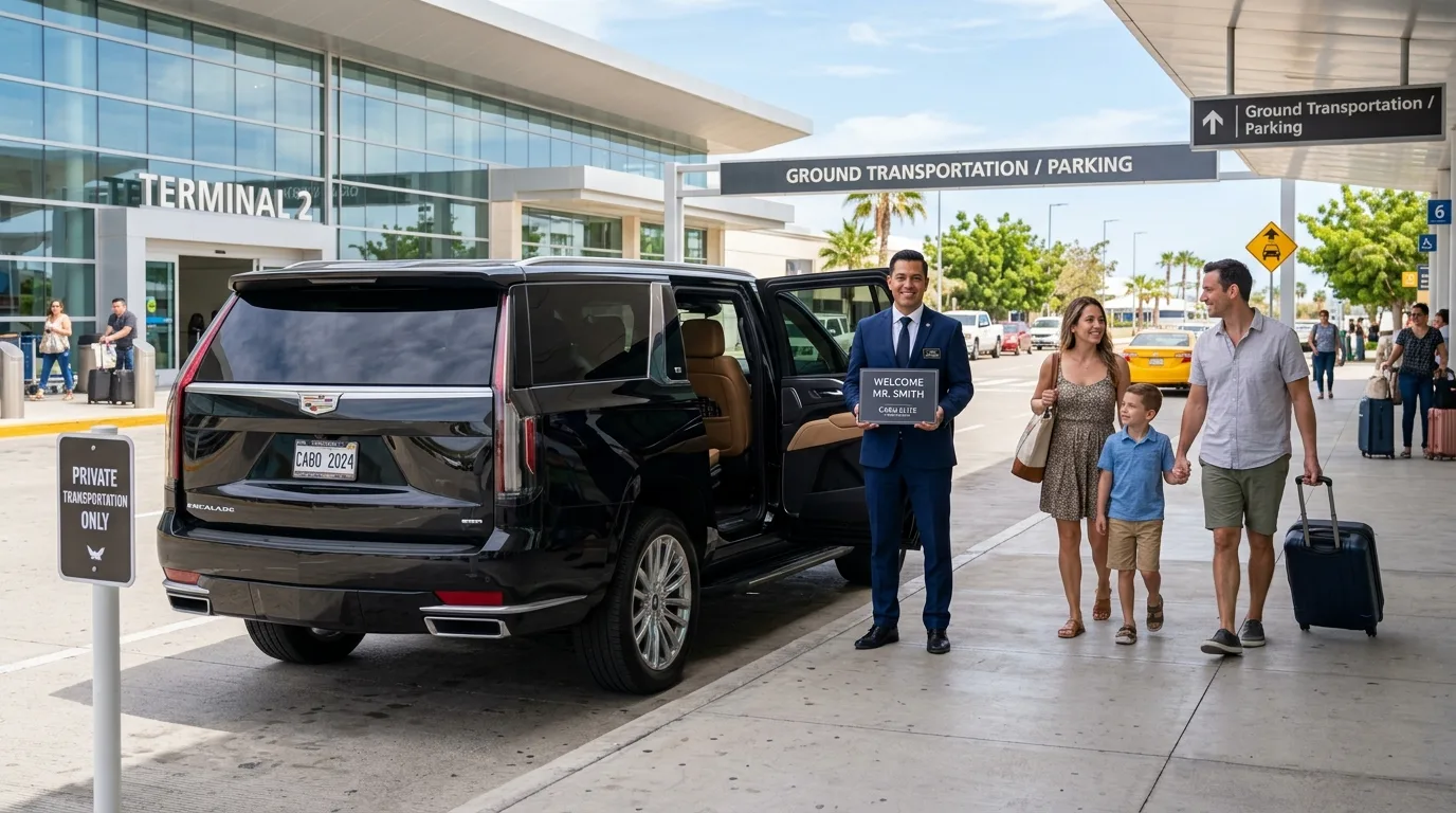 Luxury private SUV parked at SJD Airport pickup area with driver assisting arriving travelers.