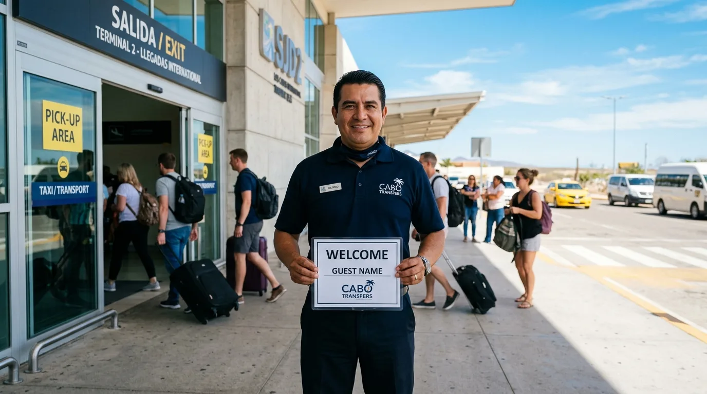 Professional driver holding a welcome sign outside SJD Airport Terminal 2 for an airport pickup.