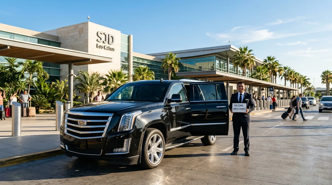Luxurious private SUV waiting outside SJD Airport for arriving travelers in Los Cabos.