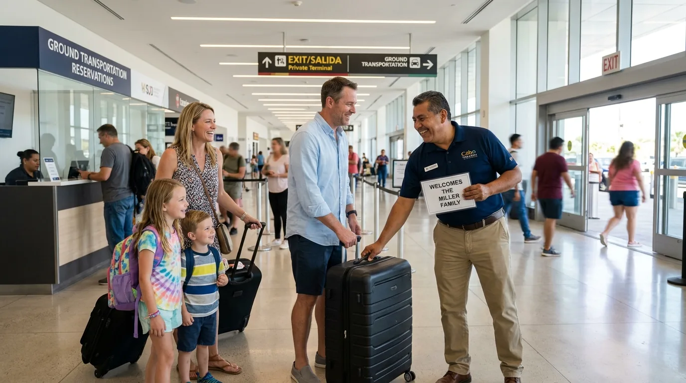 Family being greeted by a friendly private driver in the SJD airport arrival area, indicating a smooth pickup.