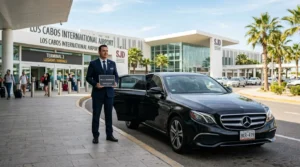 Professional chauffeur waiting with a luxury black sedan for a business traveler at SJD Airport.