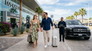Couple smiling and walking towards a private luxury SUV at SJD Airport Los Cabos