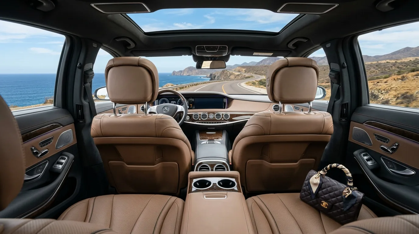 Interior of a luxury private car traveling on a scenic coastal road in Los Cabos