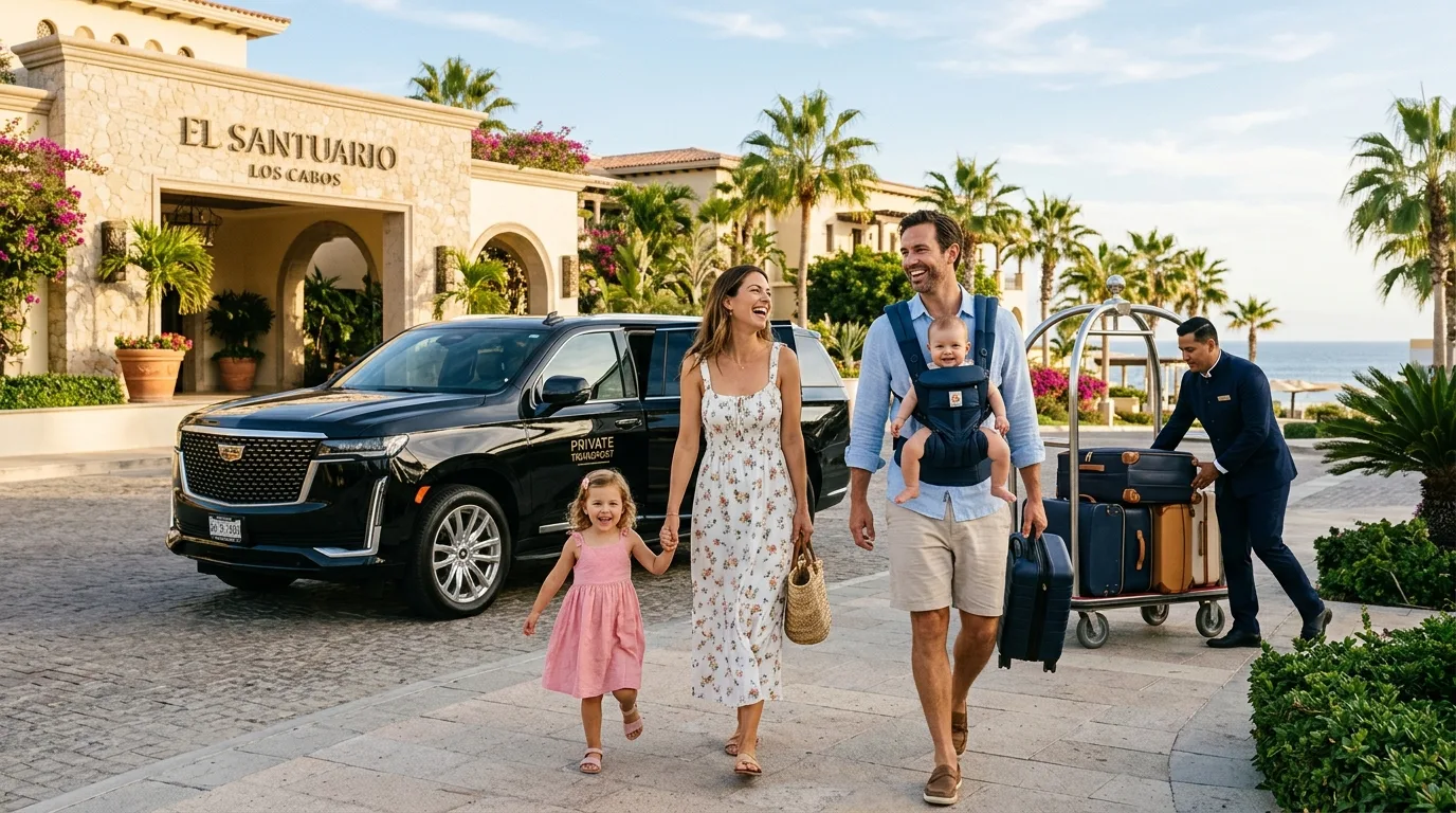 Family with young children arriving at a luxurious Los Cabos resort via private airport transportation