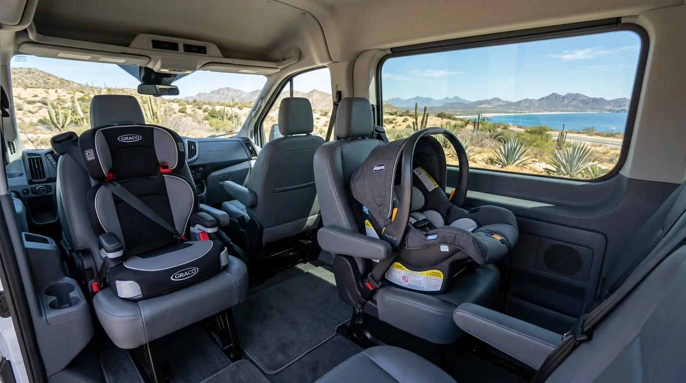 Interior of a private SJD airport transfer van with car seats for family travel