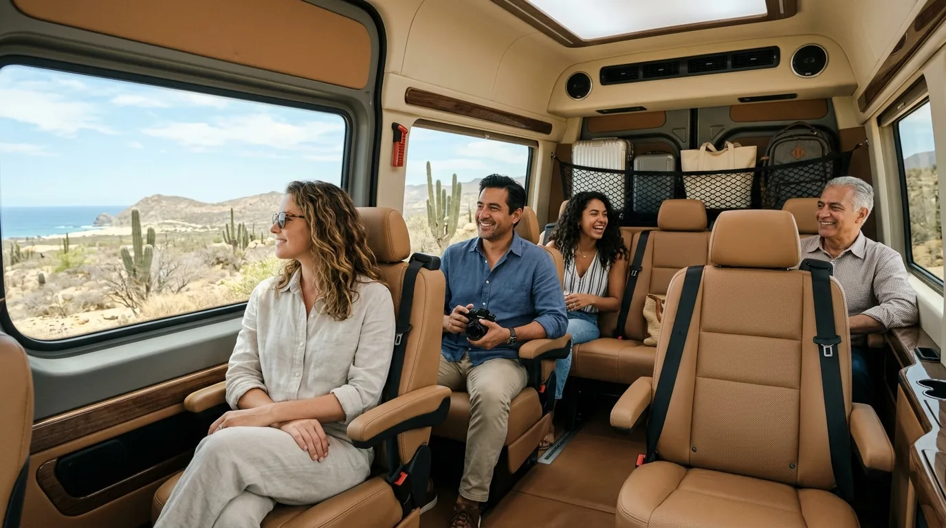Spacious interior of a private van for SJD airport transportation for groups with passengers and luggage