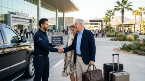 Professional driver greeting senior couple for private SJD airport transportation