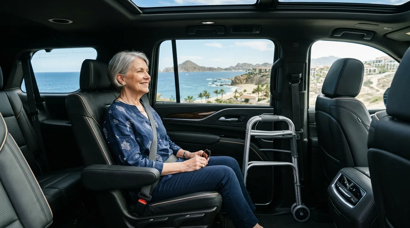 Comfortable and Accessible SJD Airport Transportation for Seniors Senior traveler relaxing in spacious private SUV with a walker, enjoying Los Cabos coastal view