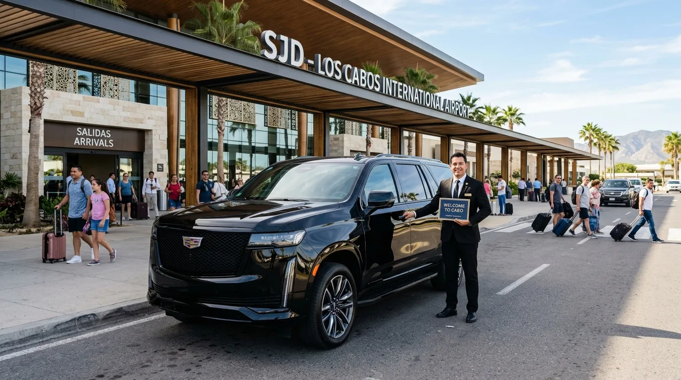 Professional driver holding a welcome sign next to a luxury black SUV at SJD Airport Los Cabos, ready for private transfer.