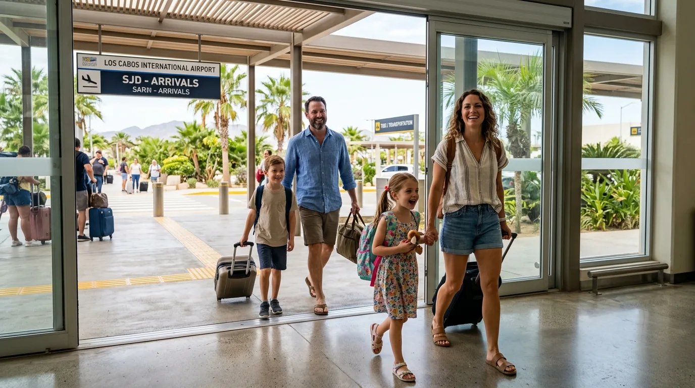 Family exiting SJD Airport terminal into the bright Los Cabos sun, looking happy and relaxed after arrival.
